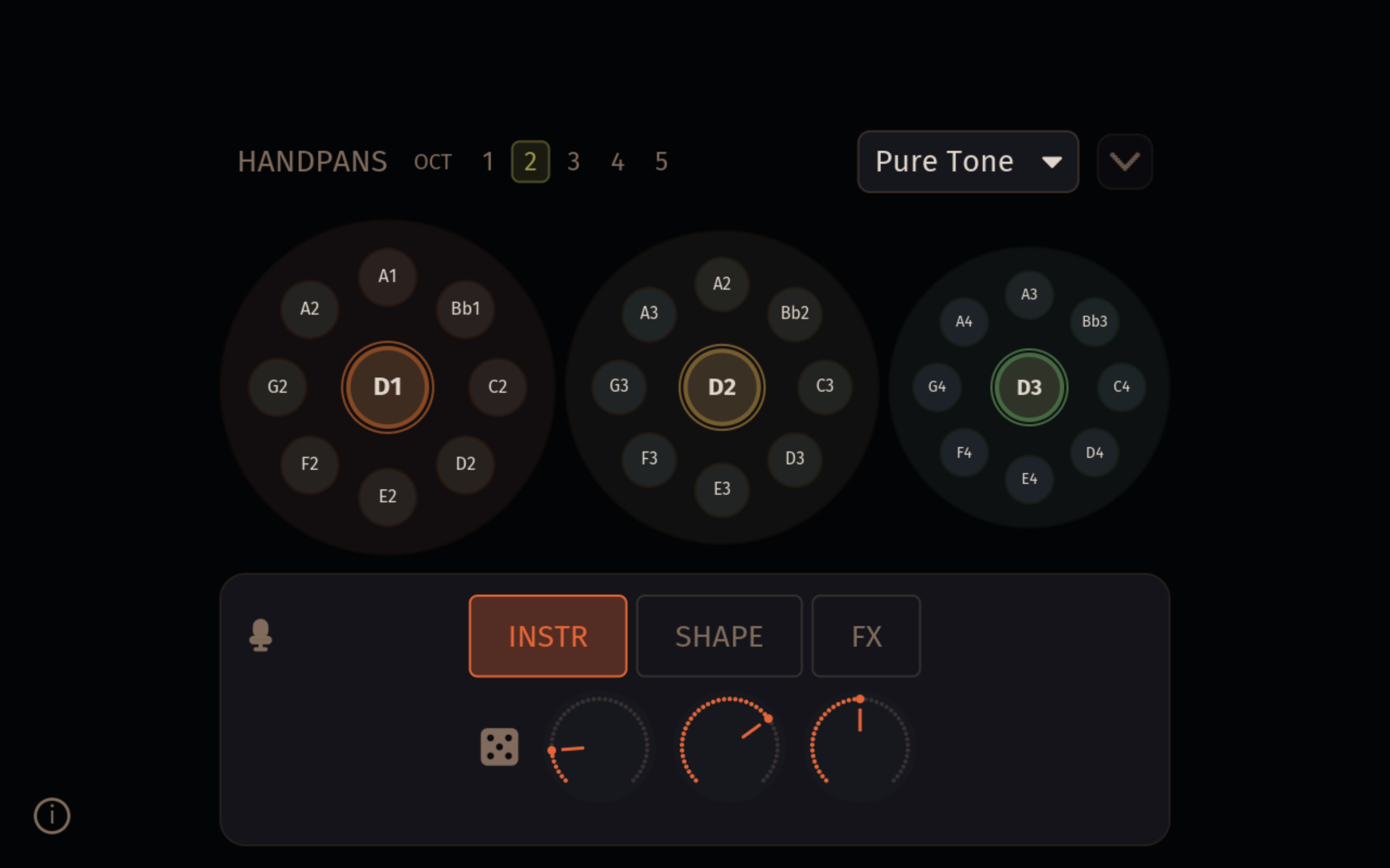Single-instrument handpan view in the web app. The mic toggle is the small microphone icon on the left of the bottom toolbar, next to the INSTR / SHAPE / FX tabs