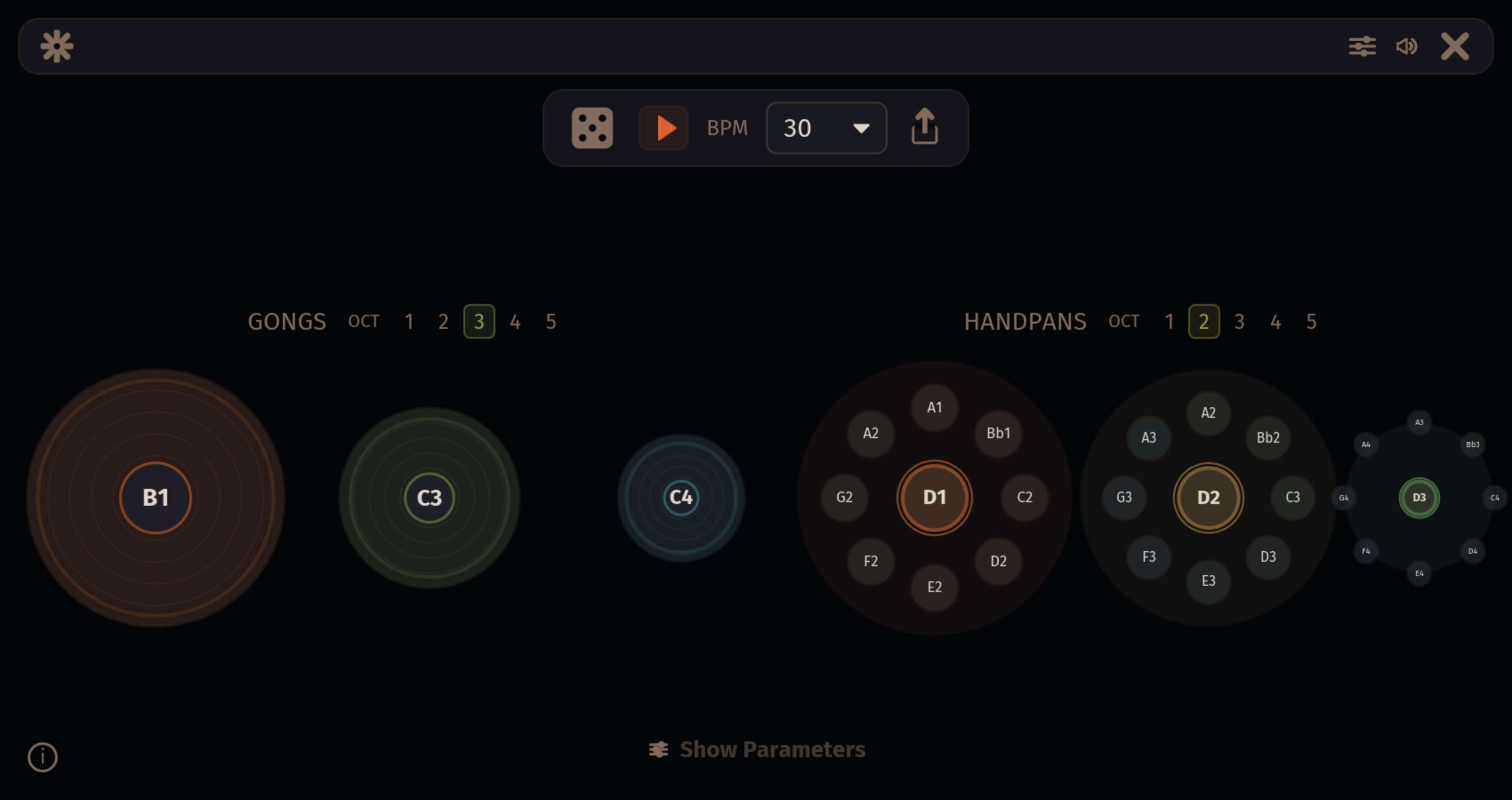 Orbiter's Instruments view: three gong instances and three handpan instances laid out across the orbital backdrop, with the BPM control, reseed dice, play and share buttons in the top toolbar